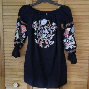 Free People Floral Embroidered Fleur DU Jour Off the Shoulder Shift Dress Size S